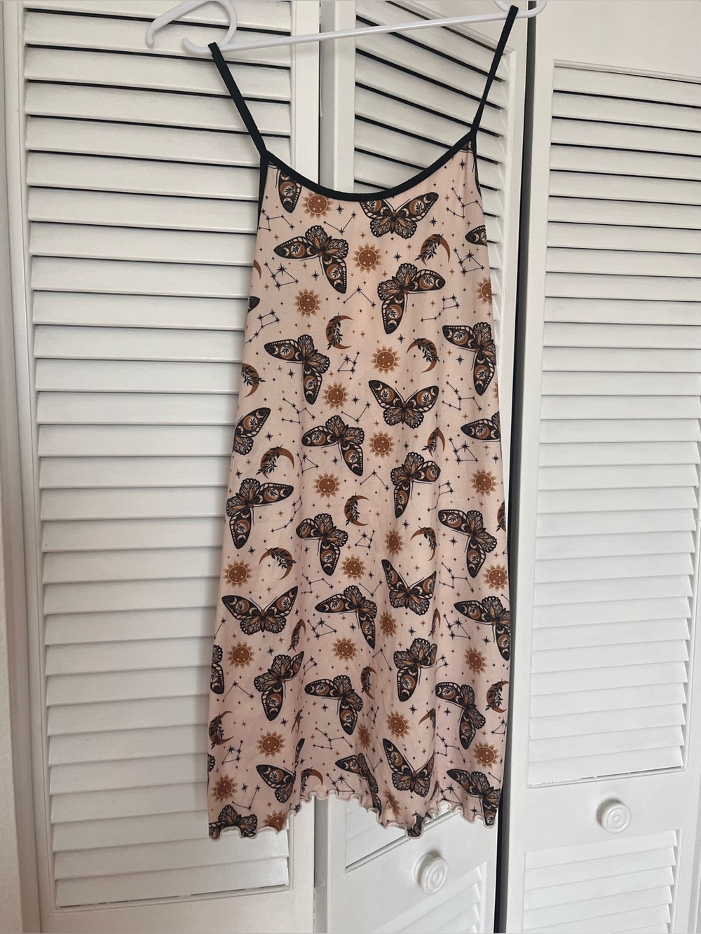 Butterfly & Celestial Slip Dress in Blush with Black Trim